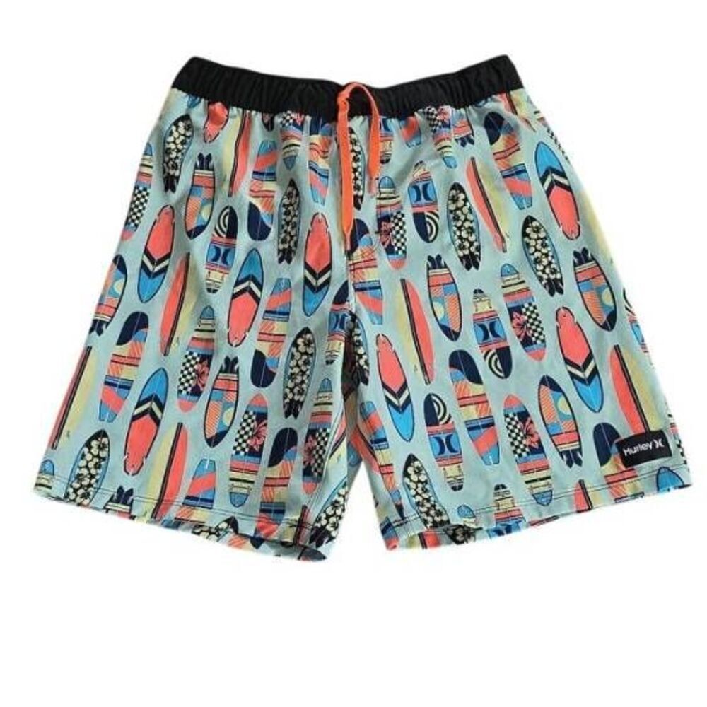 Hurley Boys Size 14/16 Blue Orange Surfboard Print Board Shorts
